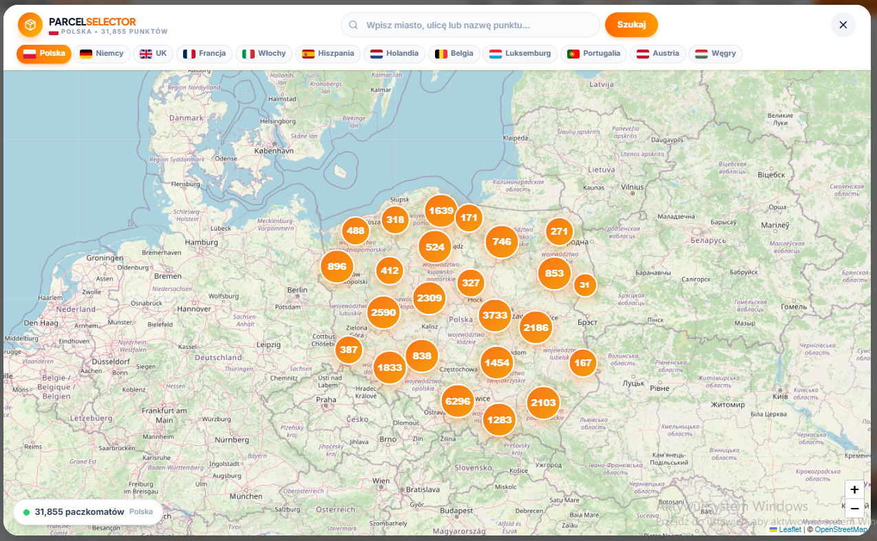 ParcelSelector ANUNAKI — Nowa generacja mapy Paczkomatów z klastrami, zaawansowanym interfejsem użytkownika i wsparciem GPU.