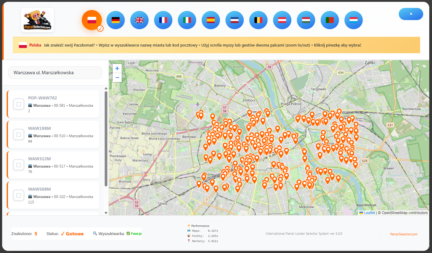 ParcelSelector INTRO — Interaktywna mapa 80 000+ Paczkomatów InPost w Polsce i Europie. Widok mapy z markerami punktów odbioru.